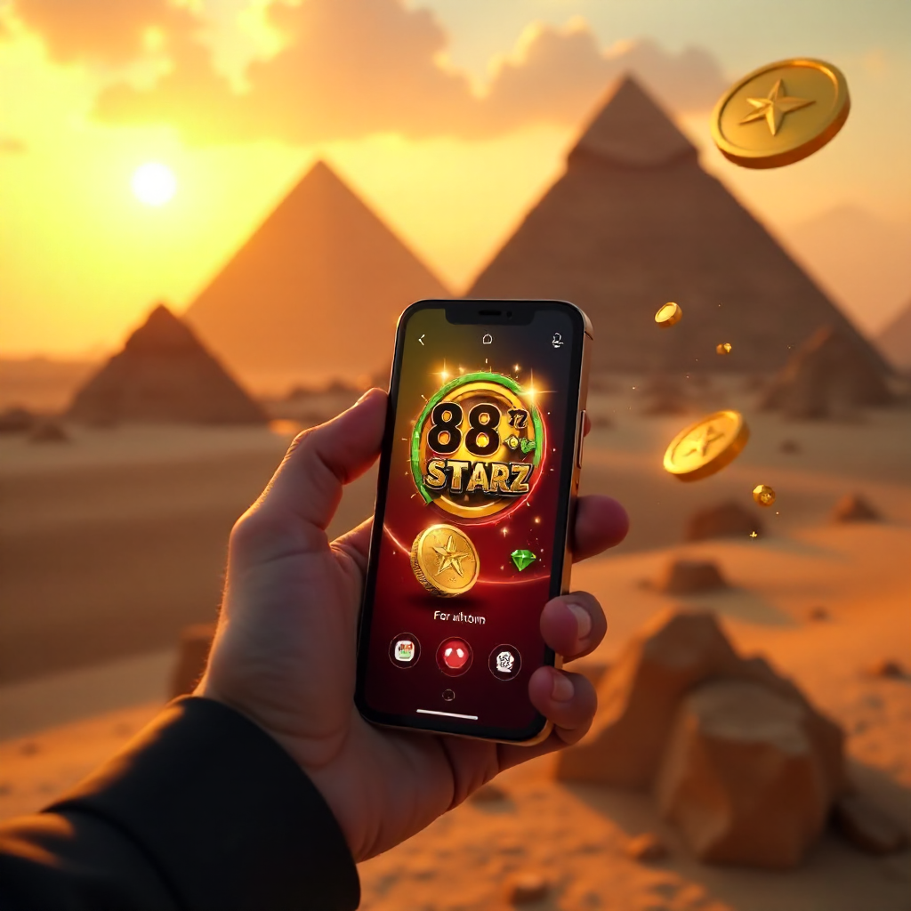 A hand holding a high-end smartphone displaying 888starz app, background featuring the Great Pyramids of Giza during a golden sunset, official red and white brand colors, 3D golden coins and emerald gems flying out of the screen, cinematic lighting, 8k.